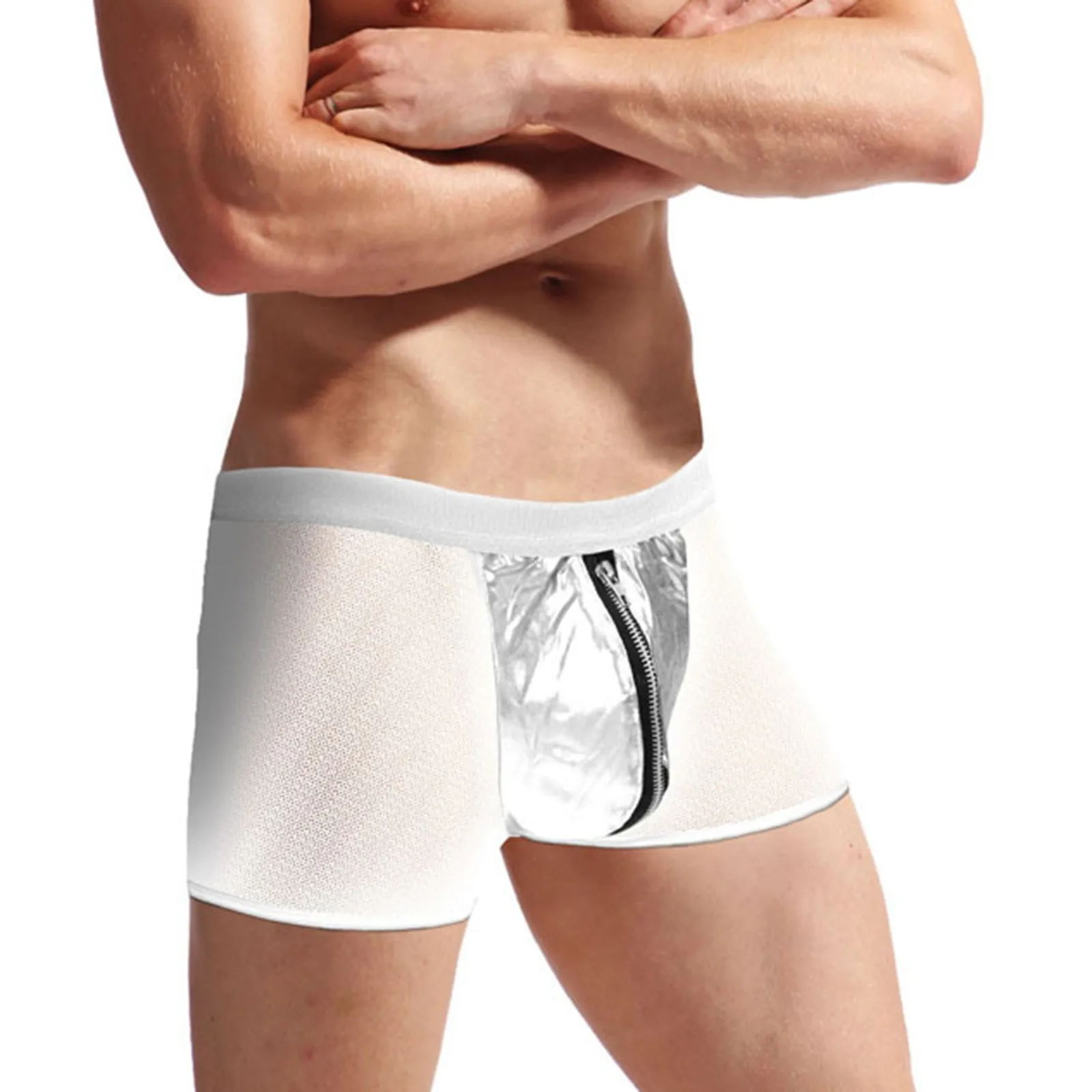 

Sexy Underpants Sheer Thin Mesh Boxers Shorts Men Breathable Transparent PU Leather Zipper Seamless Men's Underwear Convex Pouch