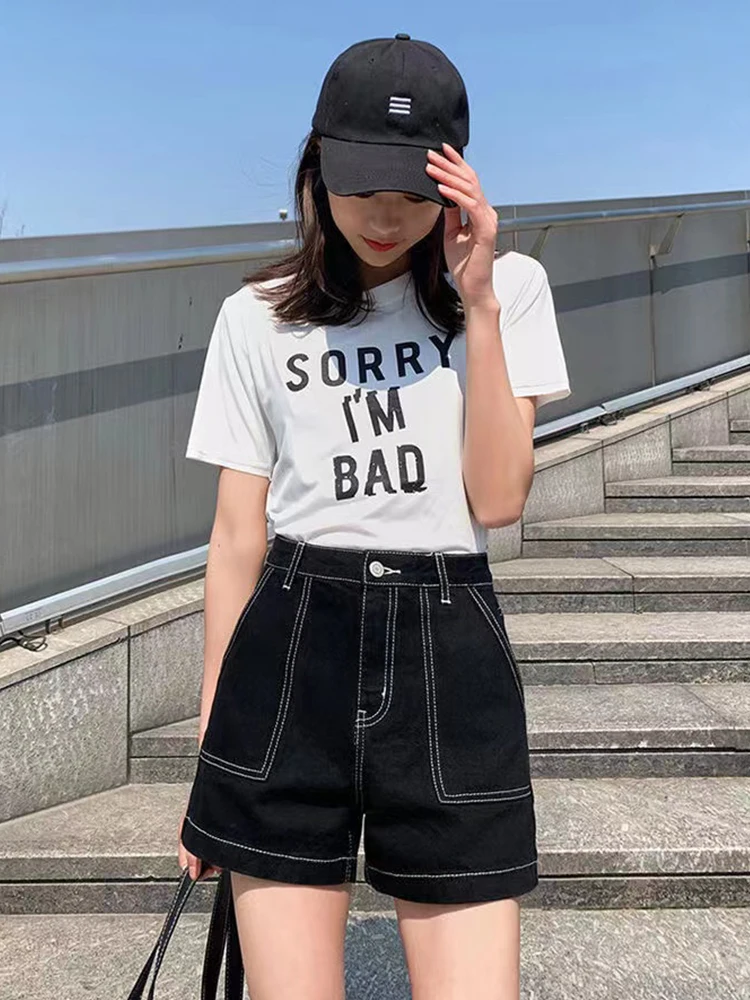 New Spring Summer Women High Waist Loose Black Denim Shorts Streetwear Female Wide Leg Retro Jeans Shorts Bottoms