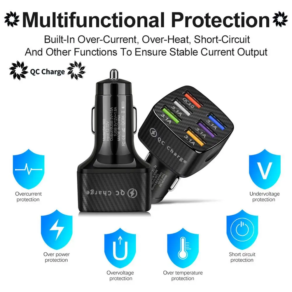75W Car Charger Quick Charge 3.0 15A 6 Ports USB Charger For IPhone 13 12 Pro Samsung Huawei Mobile Phone Charger images - 6