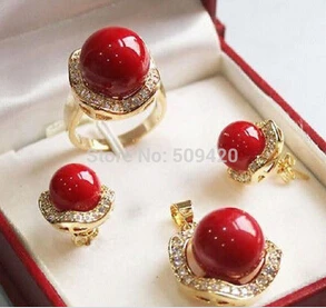 

10mm &14mm Coral Red South sea Shell Pearl Earrings Ring Necklace Pendant Set