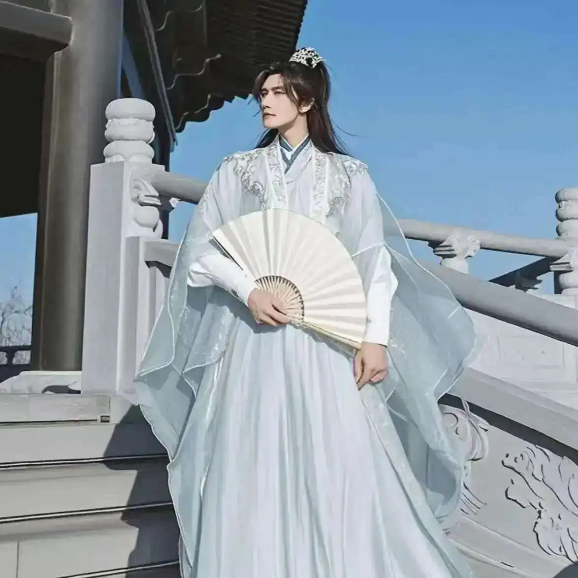 Фото Большой размер 3XL Hanfu, мужской белый костюм с китайской вышивкой, древний комплект Hanfu, костюм для косплея на Хэллоуин, светло-синий Hanfu №4