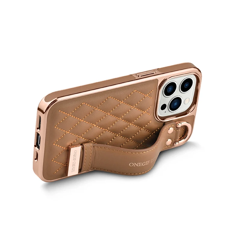 Diamond Checkered Skin Feel Leather Plated Bezel Wrist Strap Bracket Phone Case For Iphone 14 13 Pro Max Shockproof Phone Case