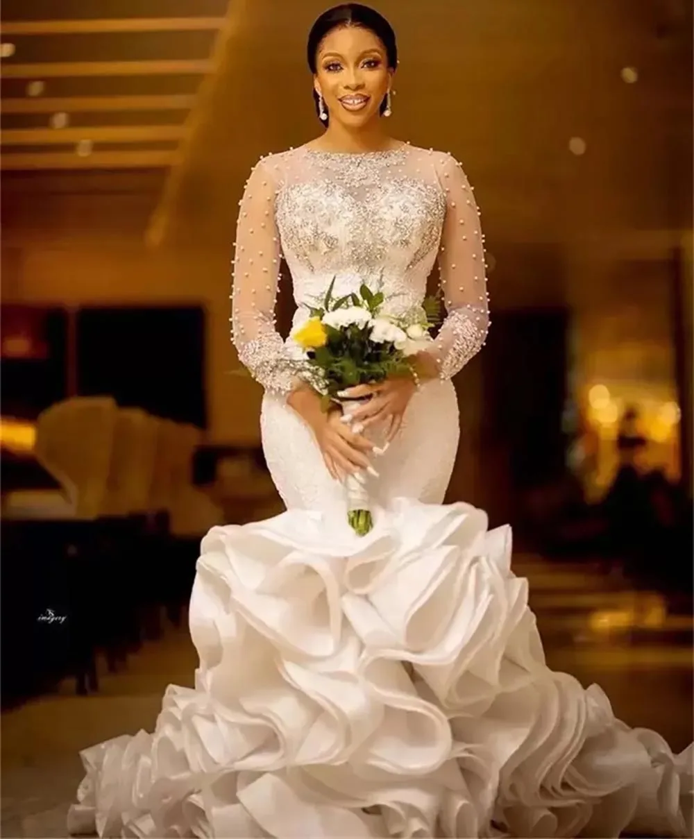 

Женское свадебное платье-русалка, с круглой горловиной и бусинами