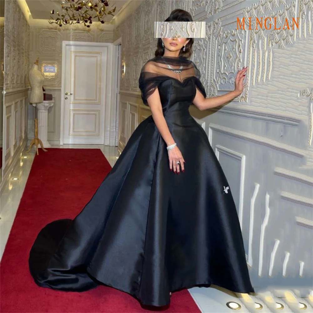 

MINGLAN Elegant O Neck Short Sleeve A Line Fashion Long Evening Dress Floor Length Sweep Train Formal Prom Gown New In 2023