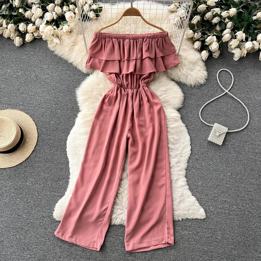 

Seaside Ruffled Women New Summer Slash Collar Off-the-shoulder Slim Jumpsuit Short Sleeve Casual Loose Wide Leg Overalls G616