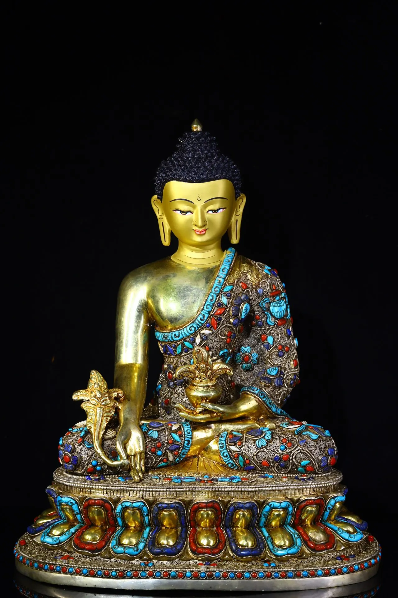 18 Tibetan Temple Collection Purple Bronze outline in gold mosaic gem Dzi Beads Medicine Buddha lotus platform worship buddha