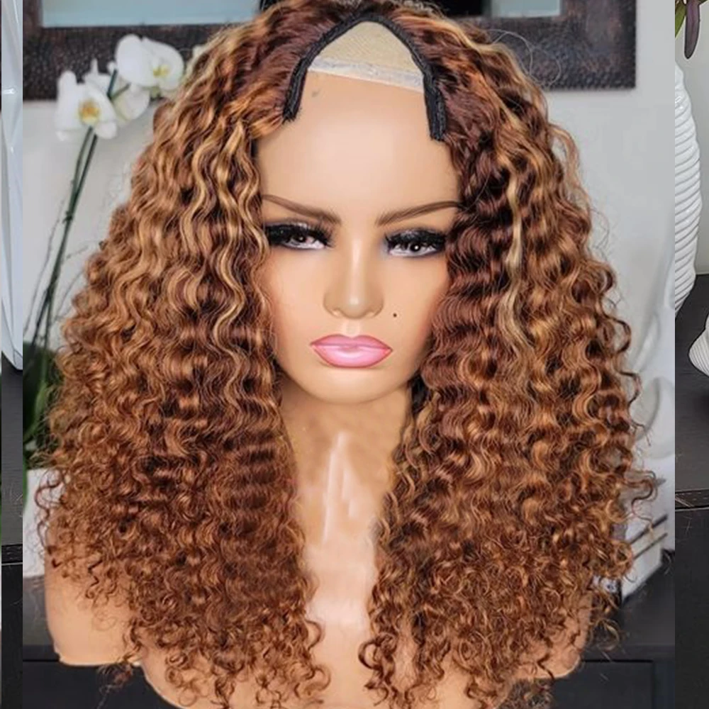

Highlight Honey Blonde V Part Wigs Kinky Curly 100% Human Hair Ombre Golden Blond Remy Water Wave Full End U Shape None Lace Wig