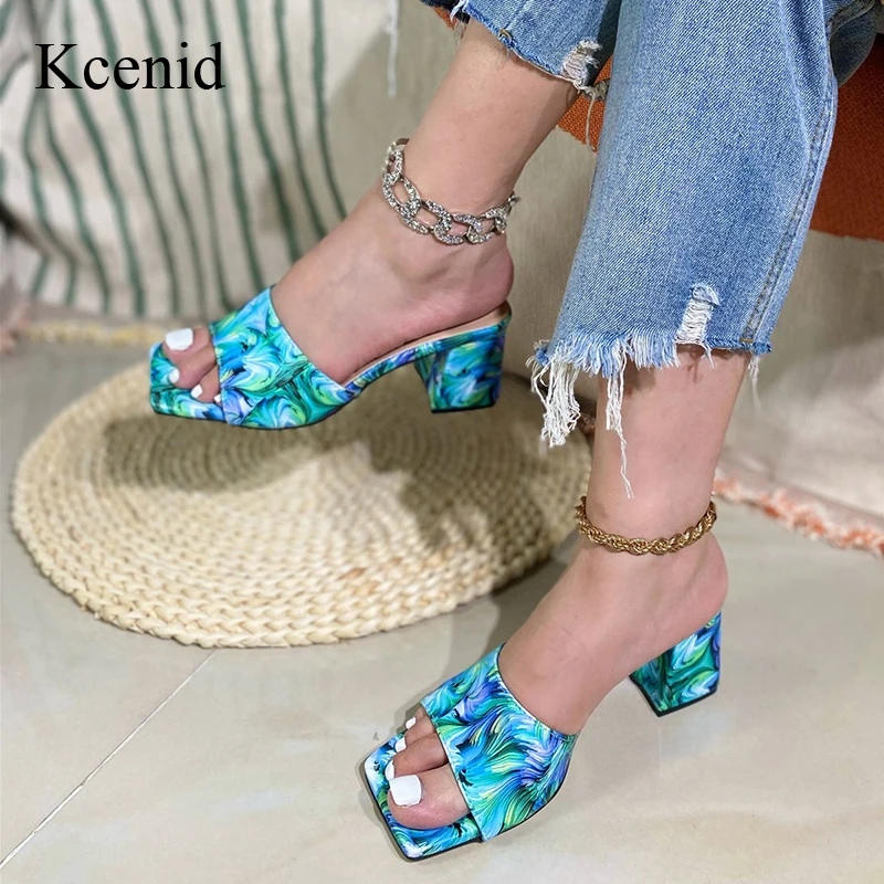 

Kcenid Summer Outdoor High Heels Women Slippers Fashion Open Toe Square Heel Mules Concise Cozy Beach Slides Party Shoes Woman