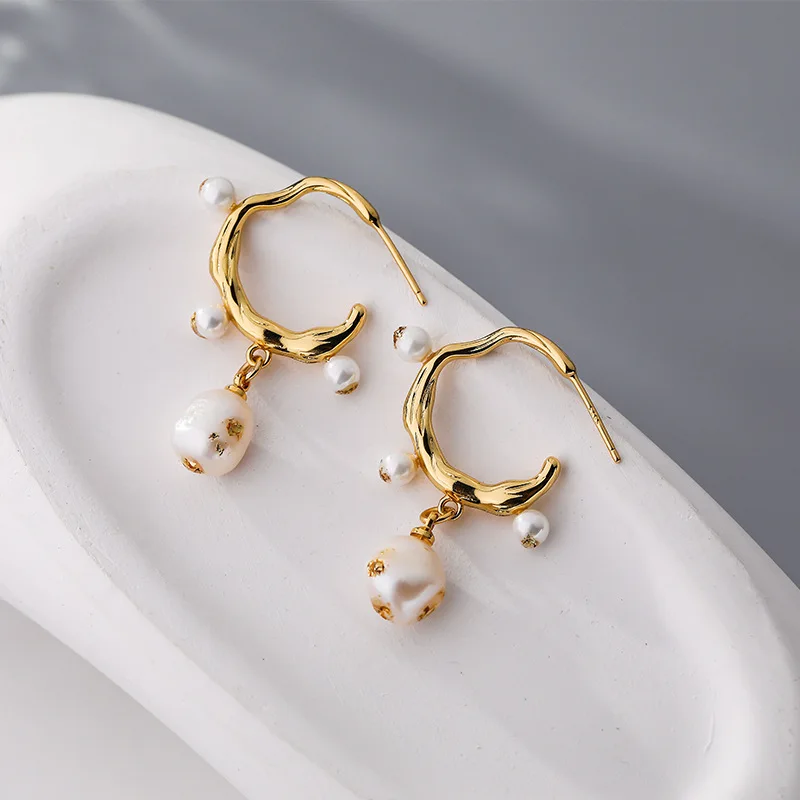 

Minar Luxury Baroque Freshwater Pearl Dangle Earrings for Women 14K Gold Plating Copper Twisted C Shape Hook Earring Brincos