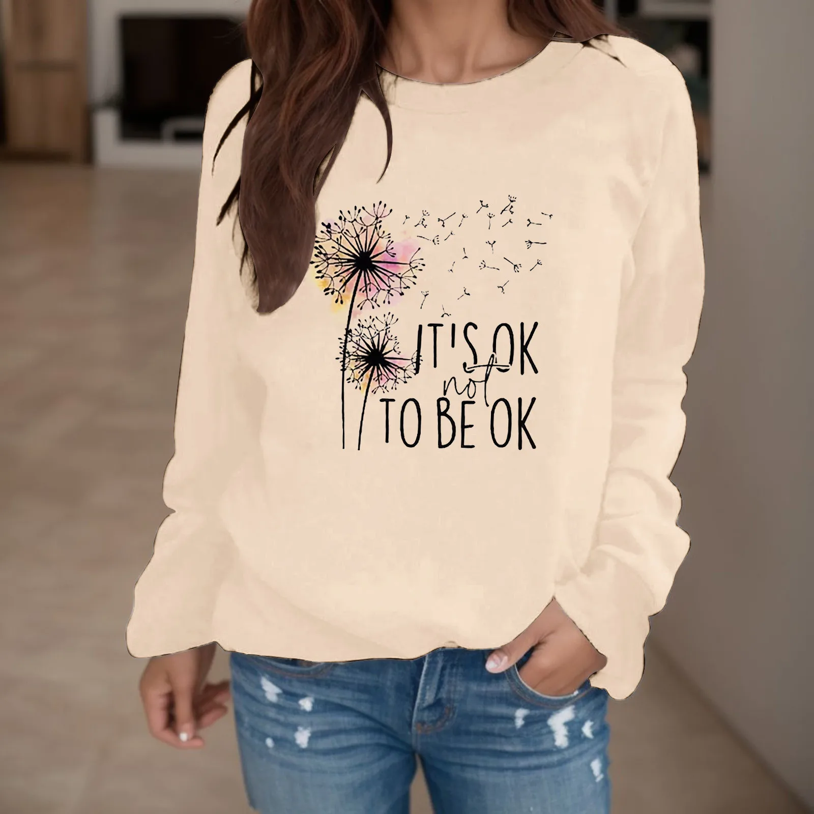 

Casual Homewear T-Shirts Hoodless Sweatshirt Top Pullover Tees Round Neck Top Women Long Sleeve Camisetas Dailywear Outfits