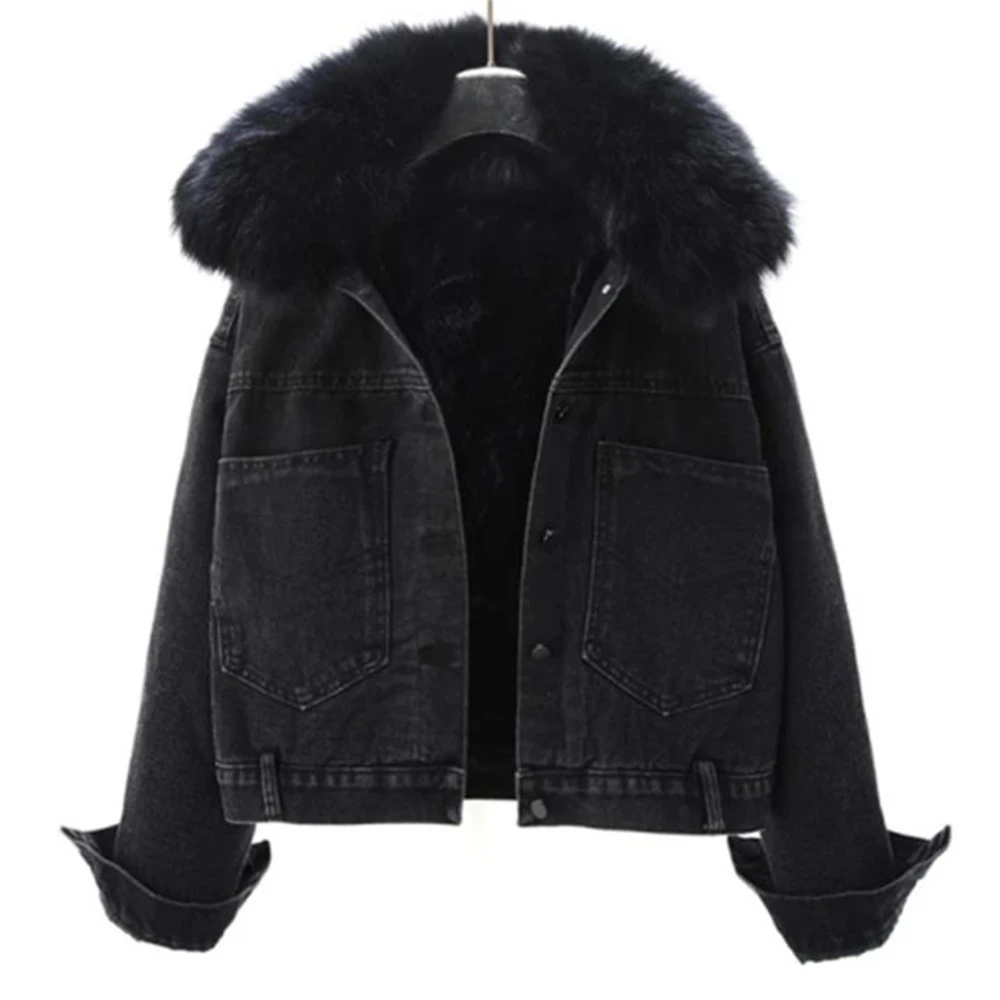 

High Street Outerwear Thicken Coat High Quality Luxury Design Party Wear Winter Women Denim Coat Jacket Short Fox Collar Warm