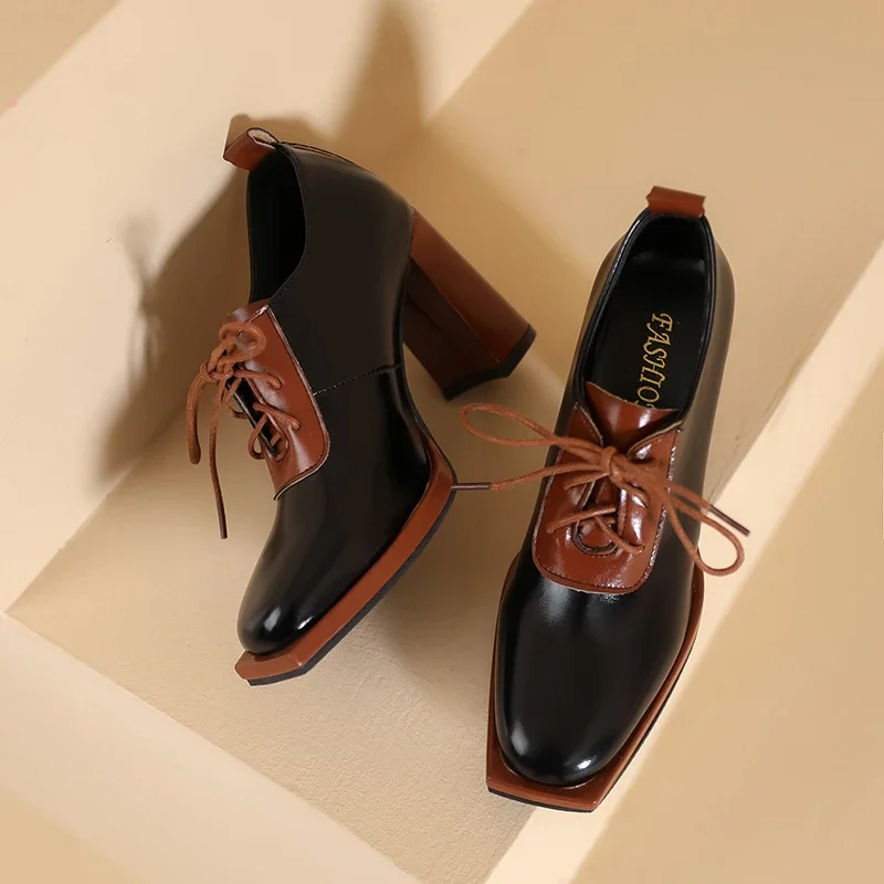 Женские кожаные туфли на толстом высоком каблуке с квадратным носком