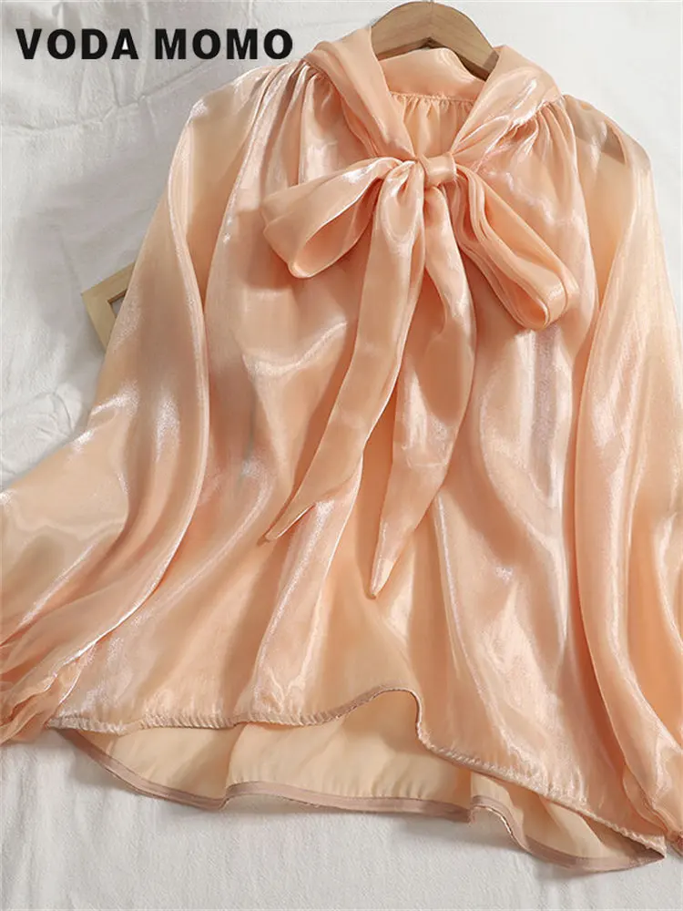 

Новинка весна-лето 2023, модная Милая рубашка в винтажном Корейском стиле, женская элегантная блузка с длинными рукавами и бантом на воротнике