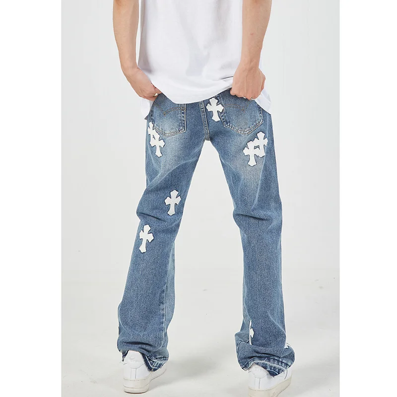 Streetwear Men Vintage High Street Cross Veneer Ripped Jeans Straight Cylinder Micro Horn Sense of Design Trousers Autumn Female