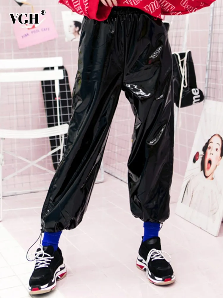 Женские прямые кожаные брюки VHG однотонные свободные в стиле пэчворк с высокой