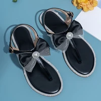 summer shoes for women sweet bow flat heels footwear 2022 trendy travel fashion rhinestone pearl comfortable ladies sandals new