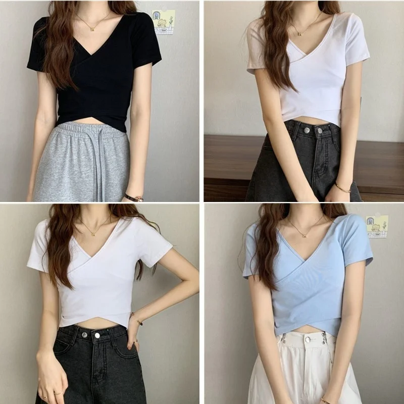 

x-stylekorean Version of the New Solid Color Cross-design Short-sleeved T-shirt Crop Top