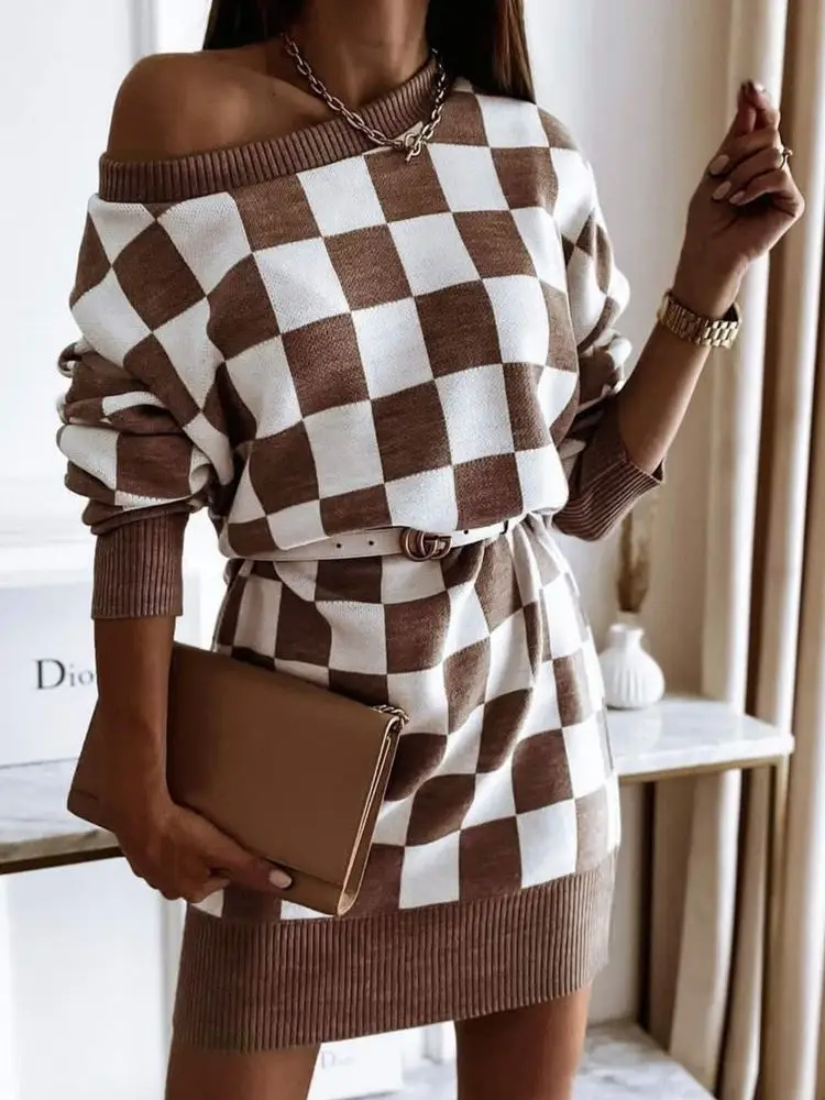 

Plaid Knit Women Dress Loose Off Shoulder Slash Neck Long Sleeve Patchwork Color Y2K 2022 Casual Holiday Sexy Dresses Party Mini