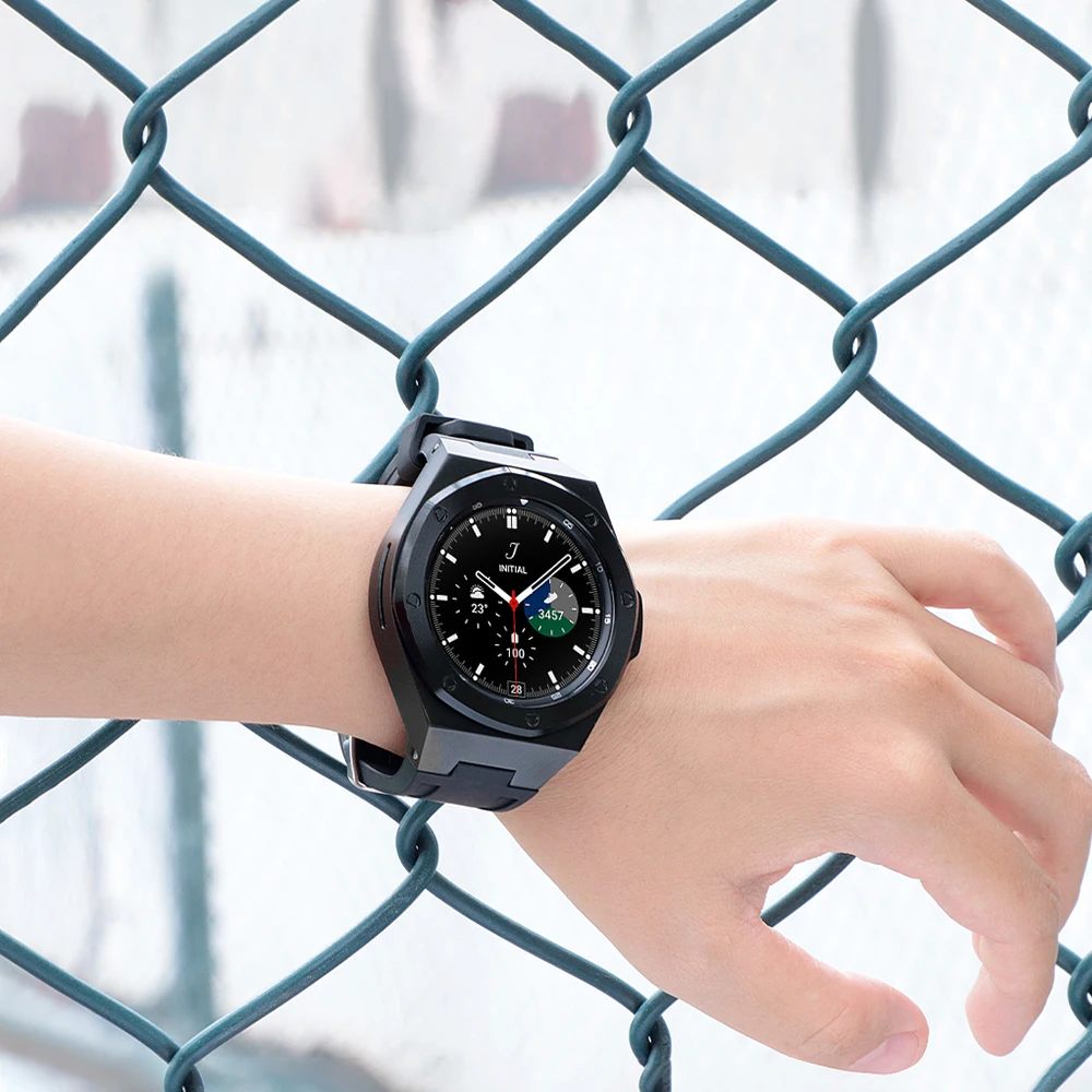 New Modification Kit For Samsung Watch 4 classic 46mm Stainless Steel Case Bezel Frame Rubber Strap Replacement Accessories