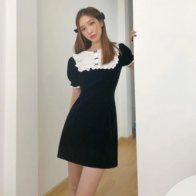 

Women Bodycon Dress Summer Short Sleeve Patchwork Black Dress Vintage Birthday Dress