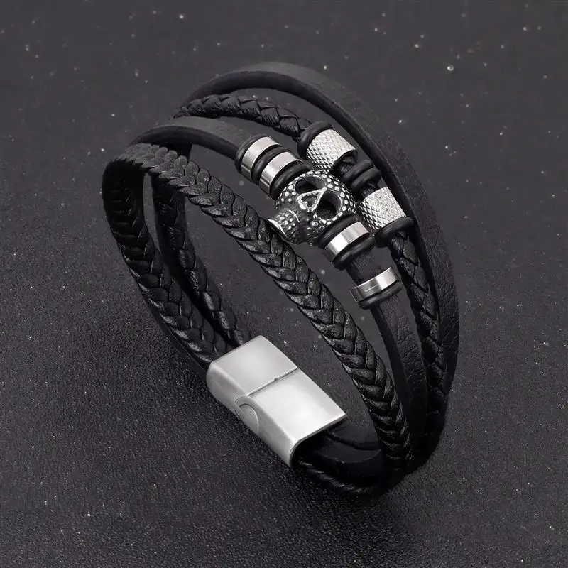 

Модный мужской кожаный браслет с черепом, женский браслет из нержавеющей стали, аксессуары для ювелирных изделий