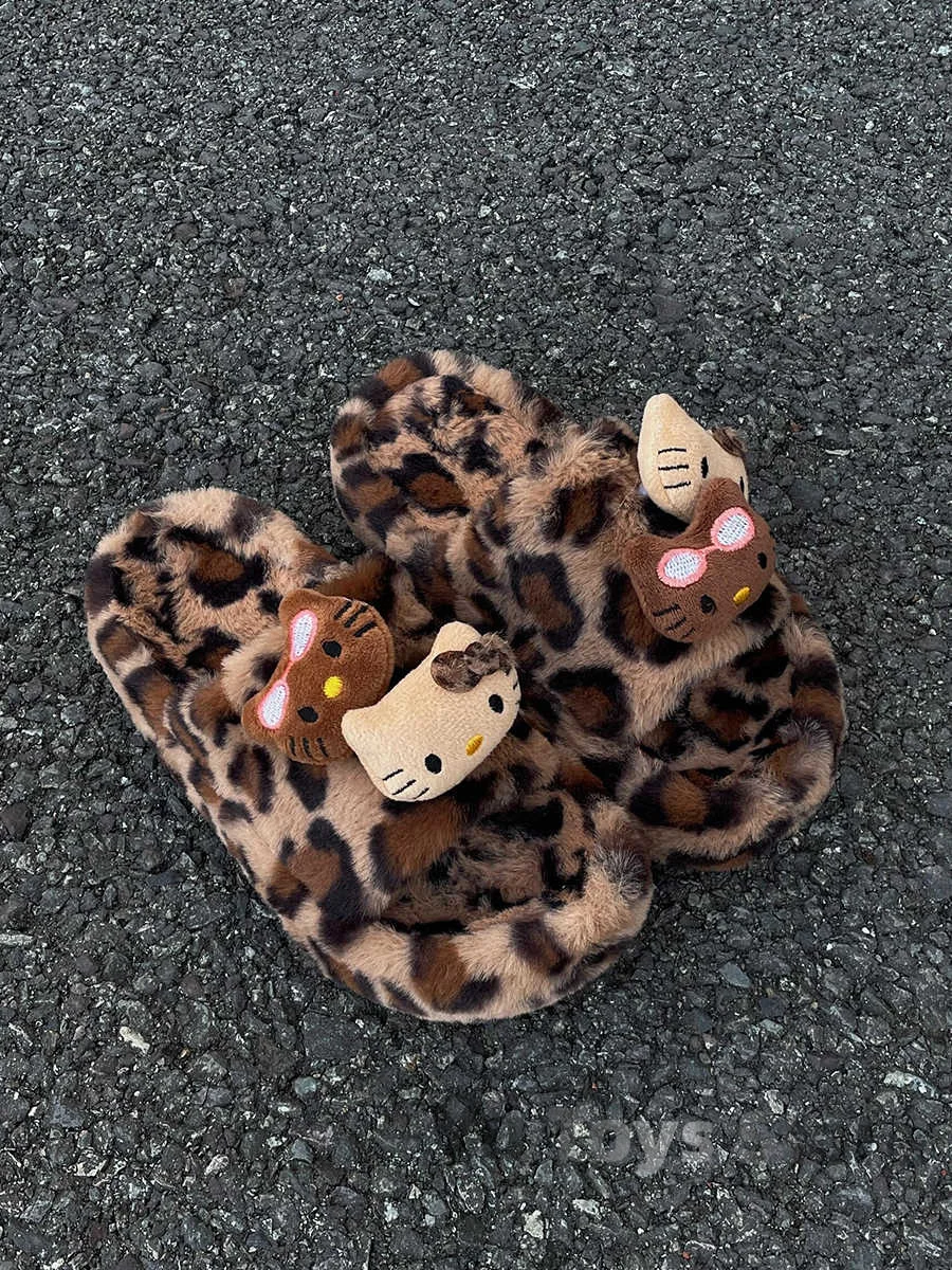 Sanrio Y2k Hello Kitty Leopard Print Plush Slipper Autumn And Winter Spicy Girl Thick Bottom Fashion Non-Slip Home Shoes