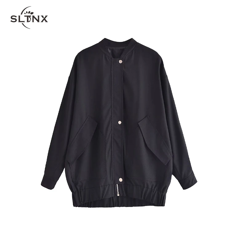 

SLTNX TRAF Black Casual Bomber Jacket Ladies Long New In Outerwears Fashion Jackets for Women Bomber Coats Female Chic Pocket