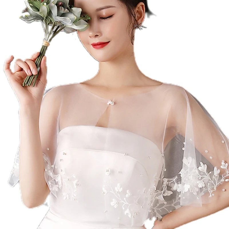 

Floral Applique Shawl Wrap Shrug Pearls Lace Bridal Cape Wedding Buckle Bolero