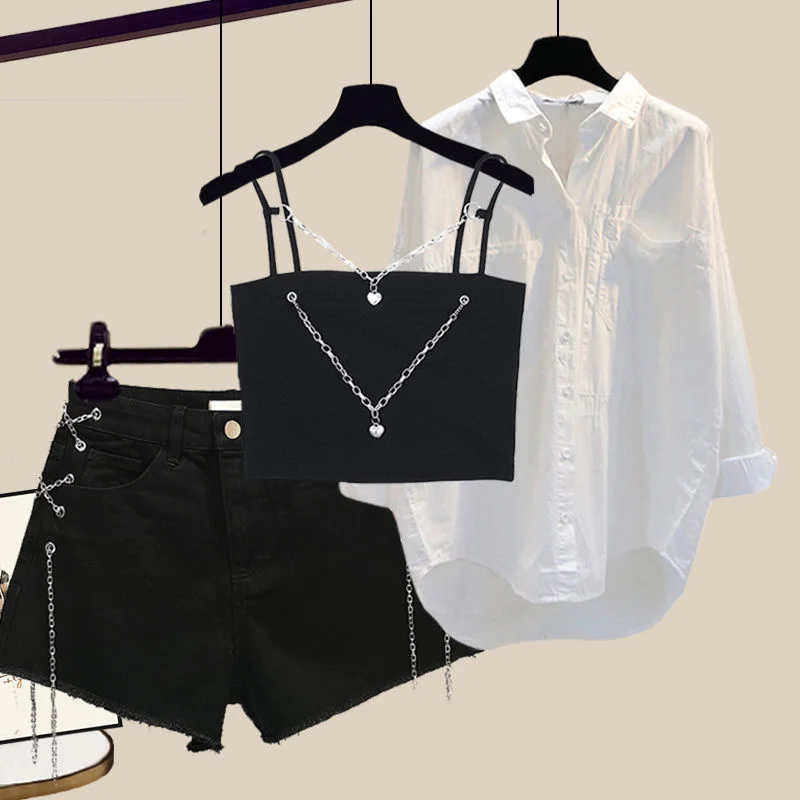 

Summer Hip Top Streetwear Summer Sets For Women Harajuku Gothic Chain Vest+white Sunscreen Blouse+denim Shorts Y2k 3 Pieces Set