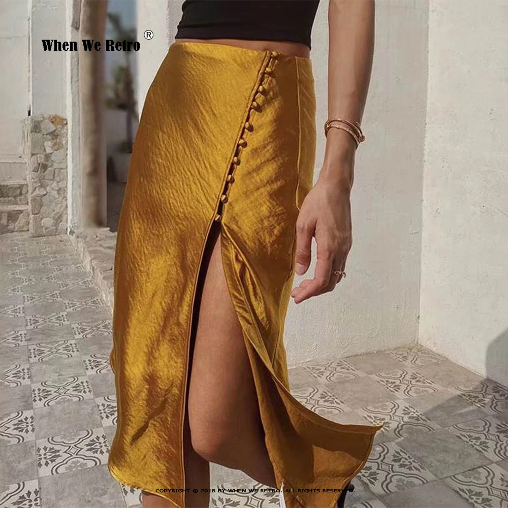 

Элегантные однотонные миди-юбки с высокой талией и Боковым Разрезом, французская золотисто-зеленая мягкая глянцевая ацетатная атласная юбка, летние женские юбки RS299