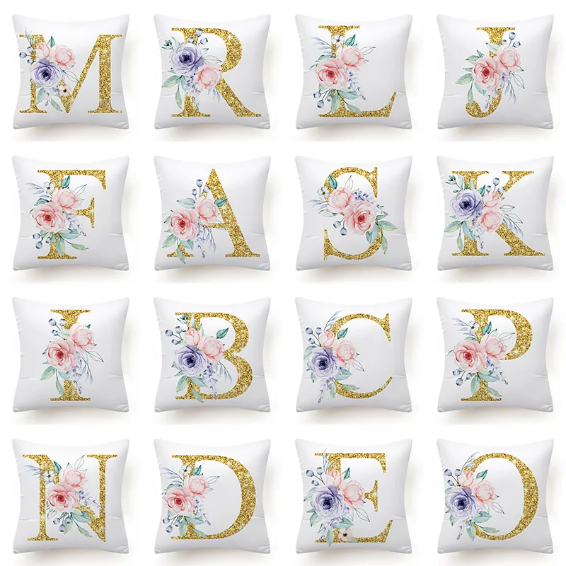 

Watercolor Flowers Leaf Decorative Sofa Cushions Golden Letters Cushion Cover45x45 Polyester Pillows Cover Home Decor Pillowcase