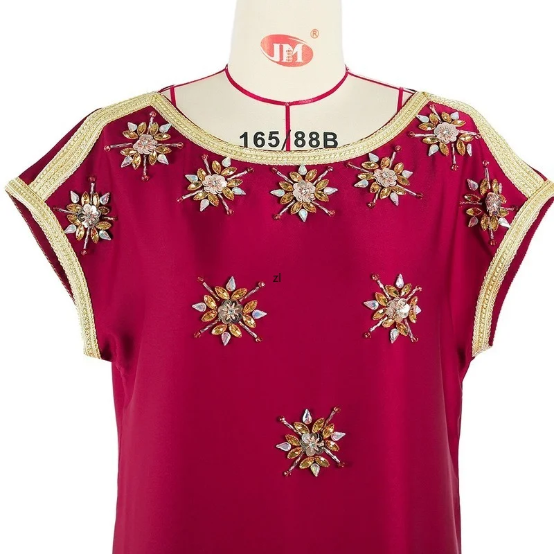 Moroccan Kaftan Vintage Dress Handsewn Diamonds Jellaba Short Sleeve Long Dresses Muslim Dubai Saudi Abaya Jalabiya Evening Robe