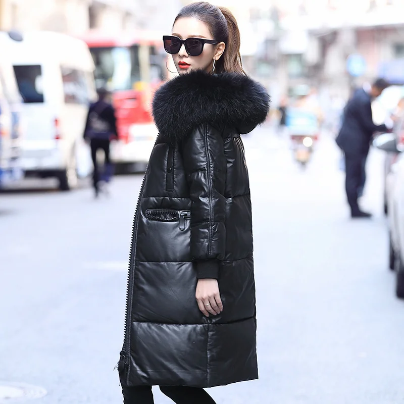 

2023Leather jacket,90%White Duck Down Women's Down Jackets Raccoon Fur Collar Hooded Coat Female Real Sheepskin Leather Jacket W
