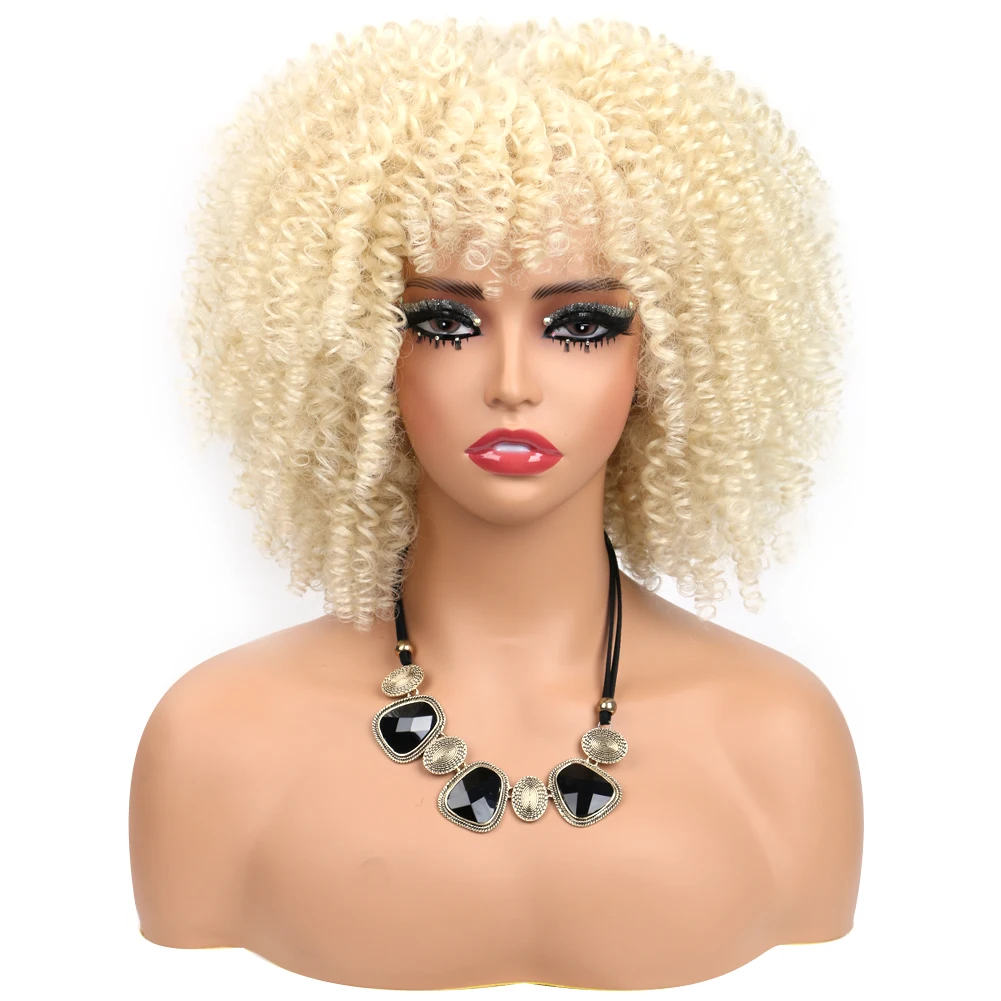 

14 inch Blonde Afro Bomb Curly Wig with Bangs Bouncy Fluffy Synthetic Glueless Kinky Curly Hair Wig for Black Women