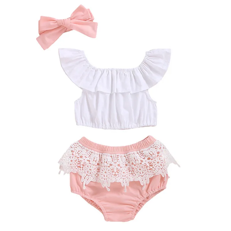 

Комплект летней одежды для новорожденных девочек 0-18 месяцев, комплект из 3 предметов, топ с оборками, рубашка, штаны, шорты, повязка на голову