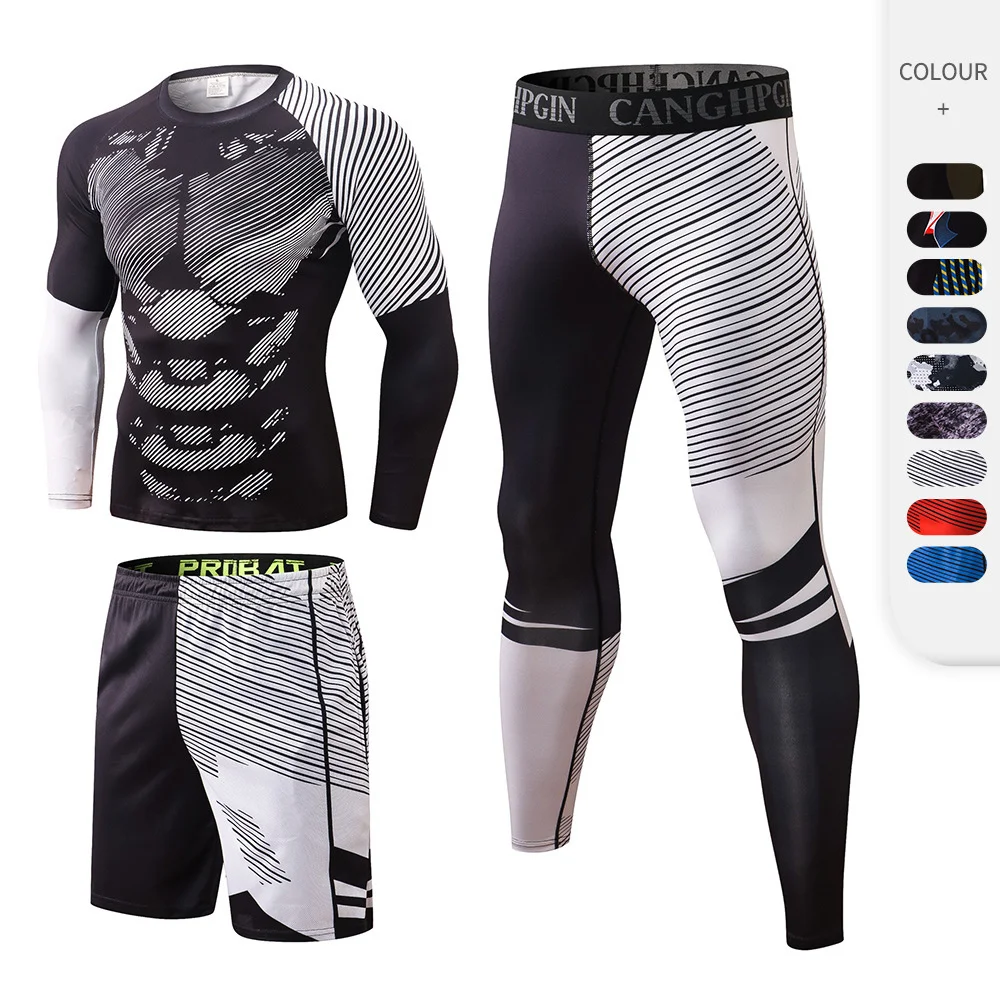 

Men's autumn and winter printed fitness suit running tights high elastic speed dry pants training clothes sports three piece set