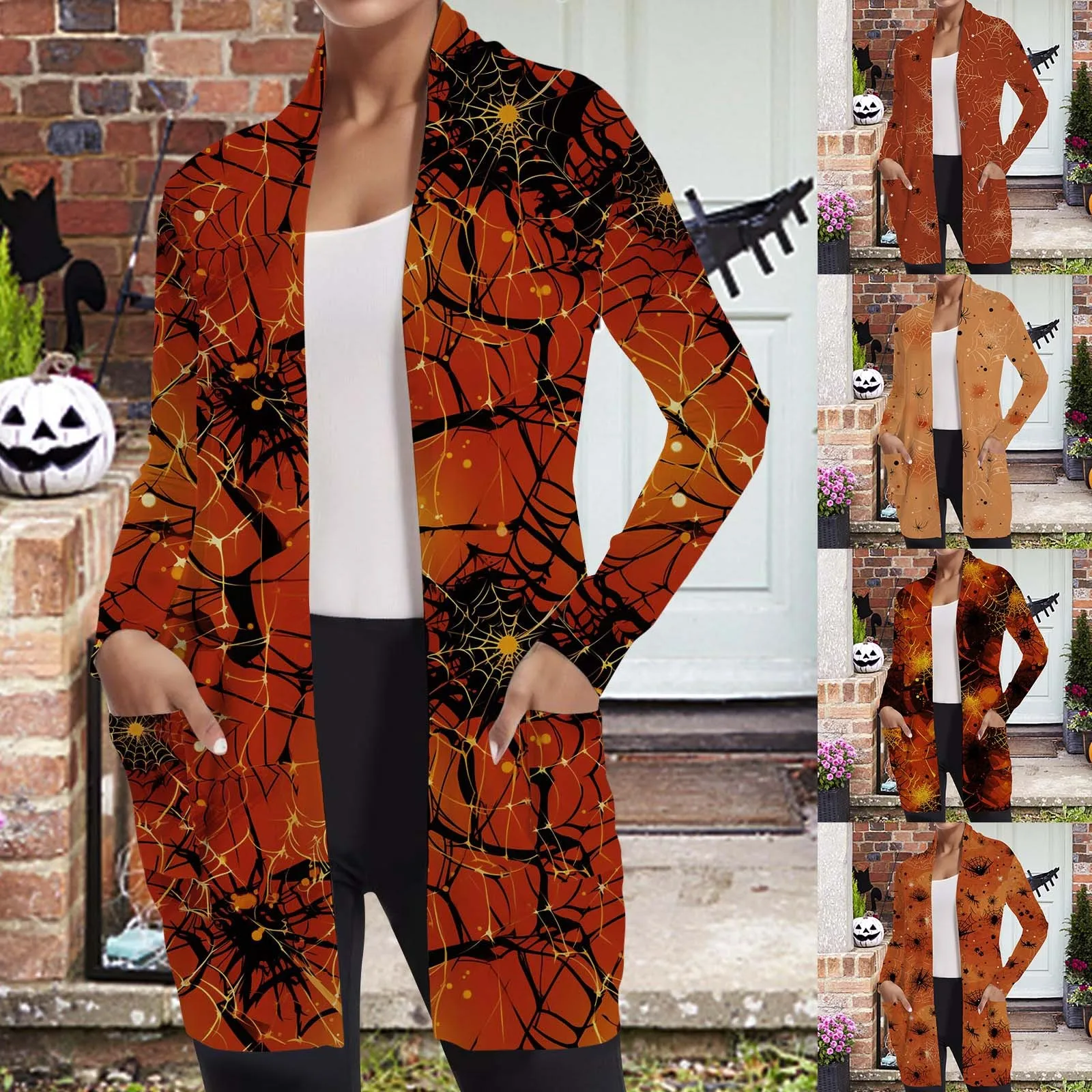 

Women Fall Halloween Cardigan Skeleton Pumpkin Print Coat Casual Mid Length Party Thin Jacket With Pocket Netted Cardigan