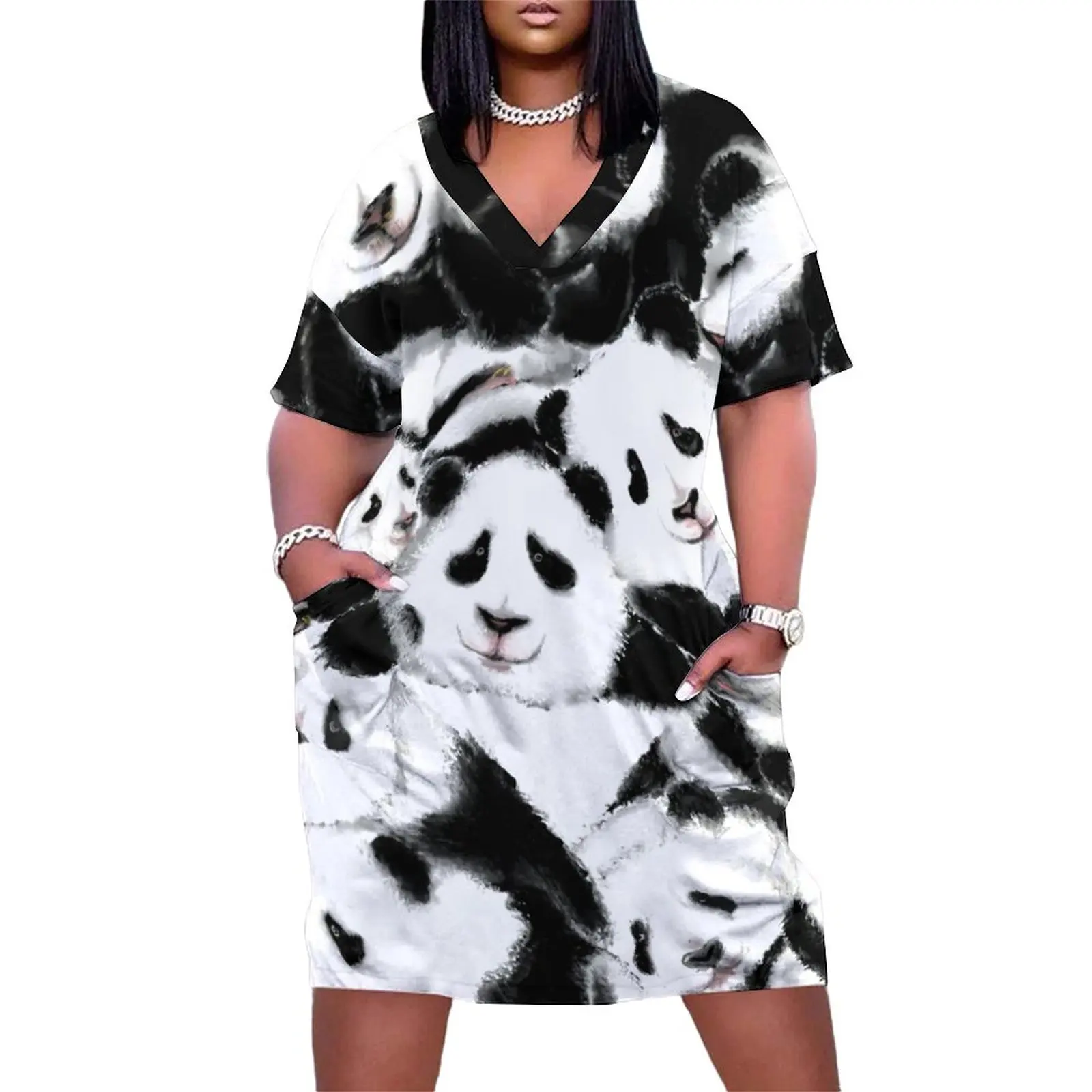 Watercolor Panda Dress Short Sleeve Cute Animal Print Street Wear Dresses Holiday Vintage Casual Dress Ladies Plus Size Vestidos