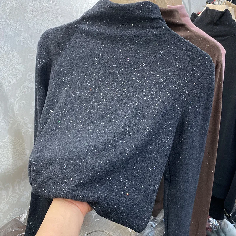 

Блестящая футболка, Женская Повседневная рубашка, пуловер с полувысоким воротником, Однотонная футболка с длинным рукавом, Женская Стандар...