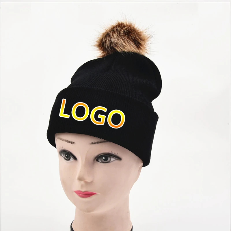 

Custom Logo Pompon Knitted Caps Outdoor Unisex Warm Skullcap Winter Elastic Skullies Beanies Cap Women Casual Riding Skiing Hat