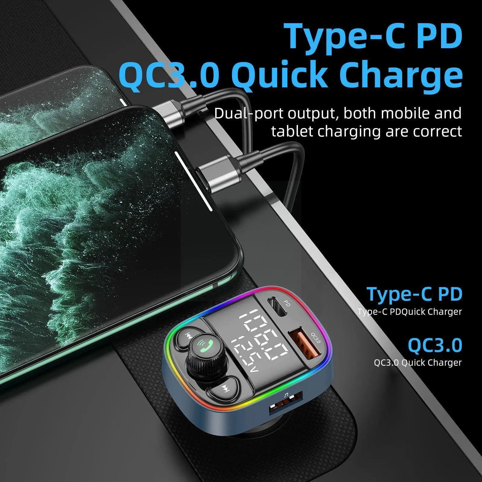 

Pd20w Qc3.0 Fast Charger In-car Fm Transmitter Bluetooth Colorful Car Mp3 Handsfree Er Adapter U Kit Tf Disk Led 5 N8y9