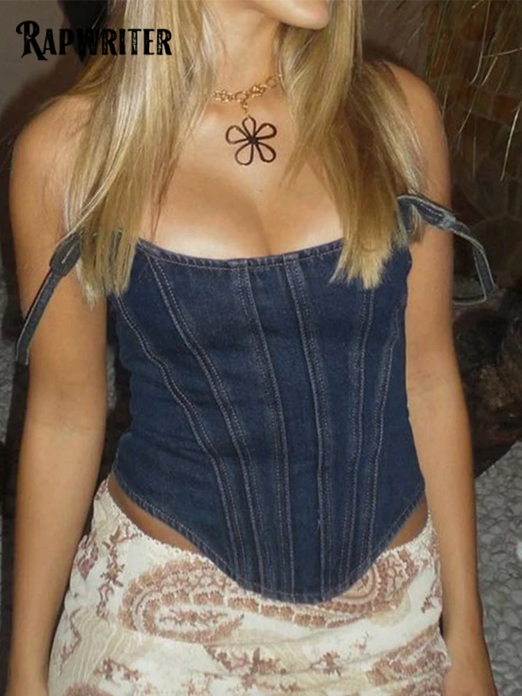 Пикантные женские топы Rapwriter в стиле пэчворк из джинсовой ткани на бретельках Y2K, эстетичный шикарный корсет на бретельках, Повседневная Уличная одежда с контрастными стежками