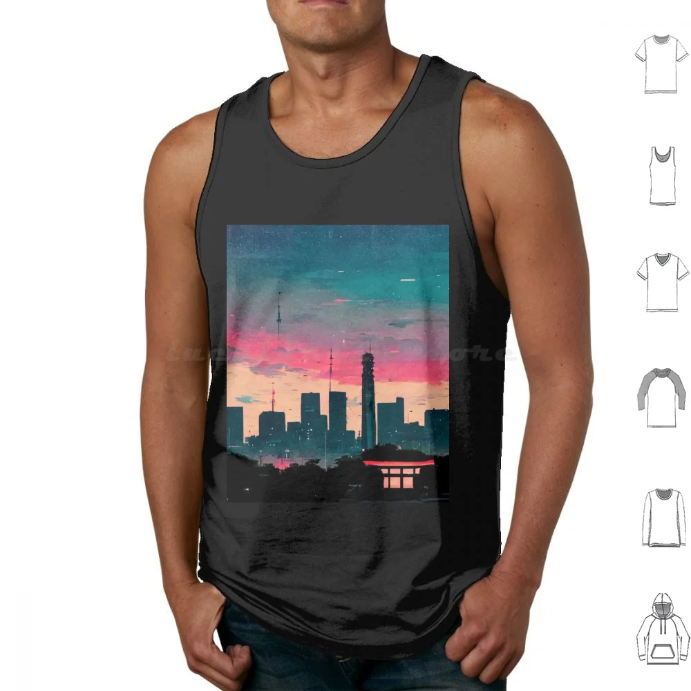 

Lofi Tokyo Skyline Tank Tops Vest Sleeveless Lofi Aesthetic Anime Vaporwave Japanese Cute Kawaii Japan Seerlight Manga Moon