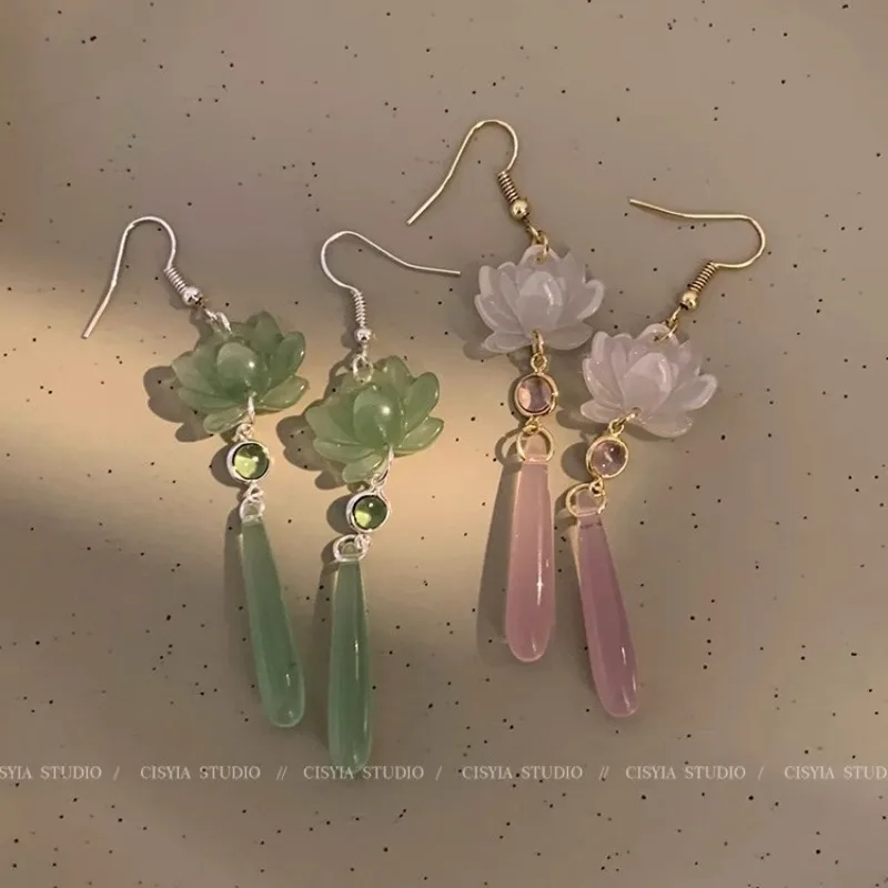 2024 стеклянные серьги в китайском стиле светло-зеленые розовые с цветком лотоса