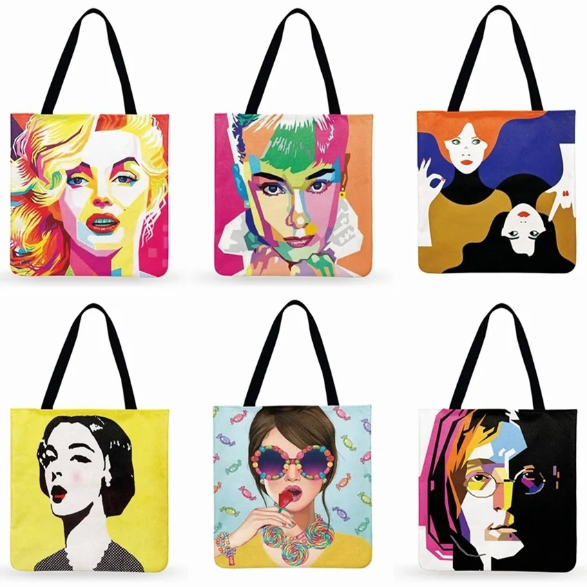 

American Pop Art Print Tote Bag For Women Monroe And Hepburn Casual Foldable Shopping Bag Linen Fabric Bag Outdoor Beach Bag