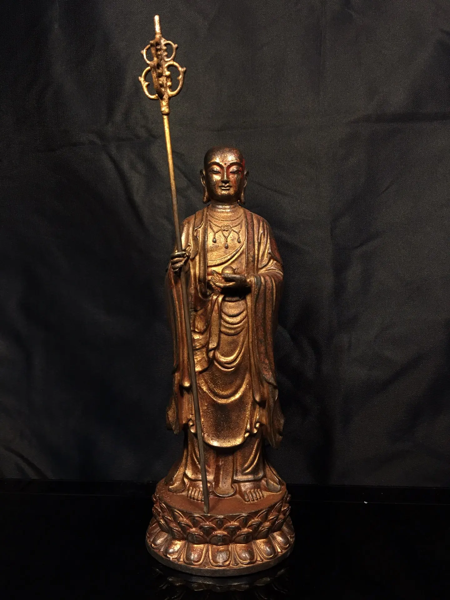 

9"Tibetan Temple Collection Old Bronze Cinnabar Gilt Ksitigarbha Bodhisattva Buddha Amitabha Lotus stage Worship Hall Town House
