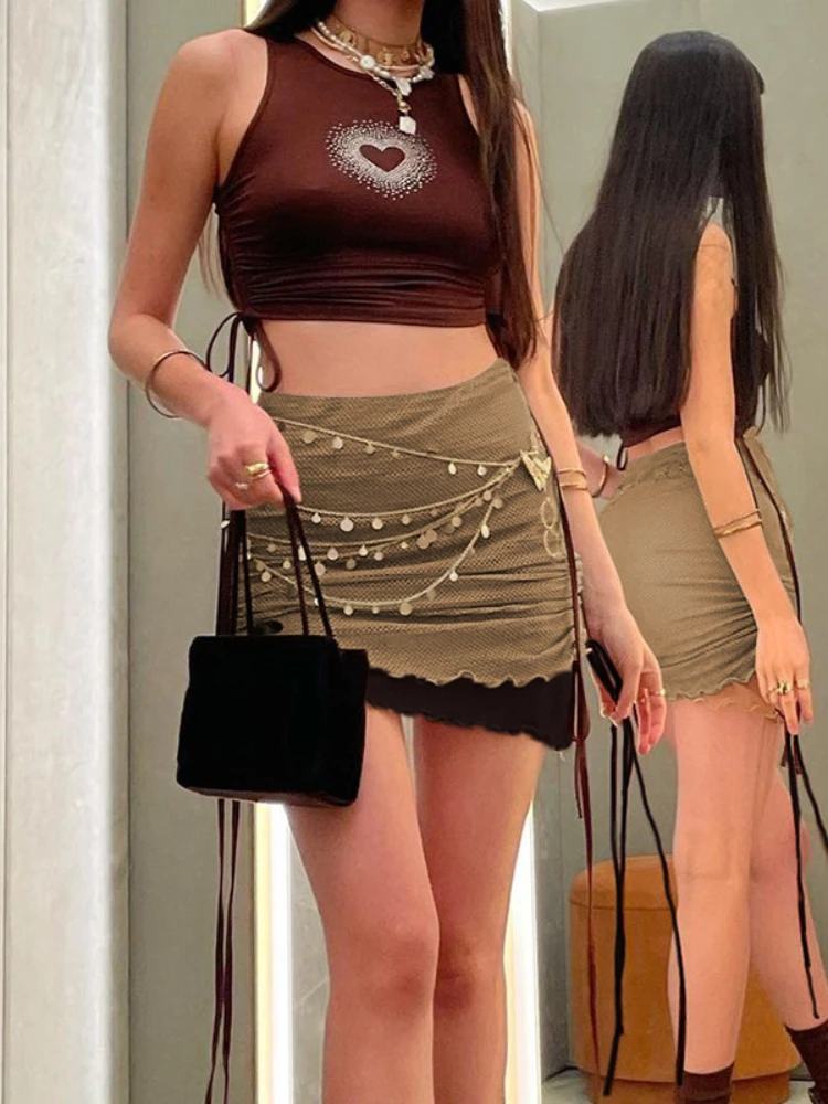 

Y2k Khaki Mini Skirts Ruched Drawstring Slim High Waisted Pencil Skirts Women Retro Basic Cute Streetwear Summer 90s