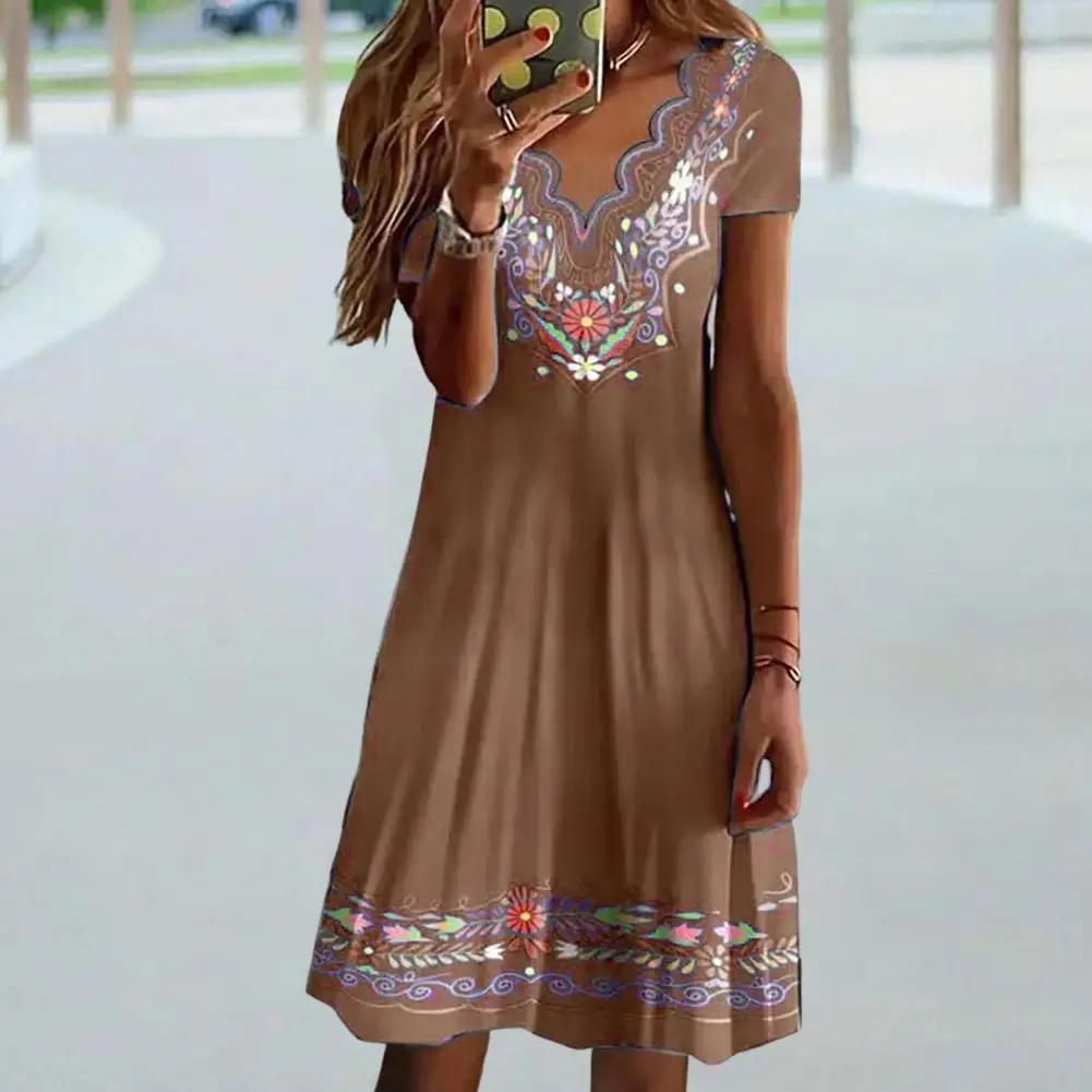 

Short Sleeves Anti-pilling Vintage Style Flower Print Mini Dress Female Garment