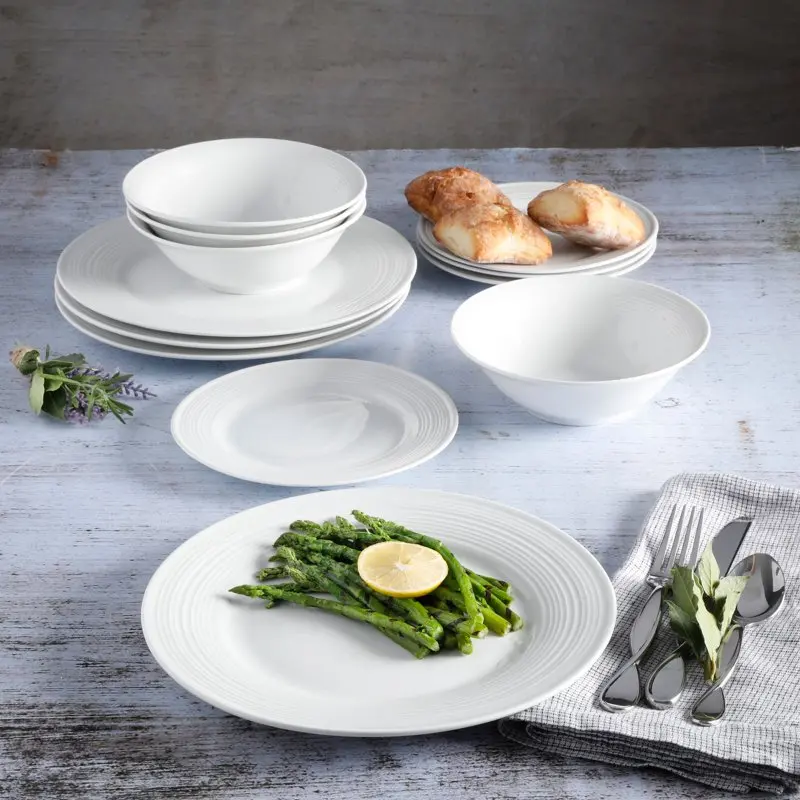 

Elegant Embossed 12-Piece White Porcelain Dinnerware Set with Unique Design - Perfect for Everyday Use and Special Occasions