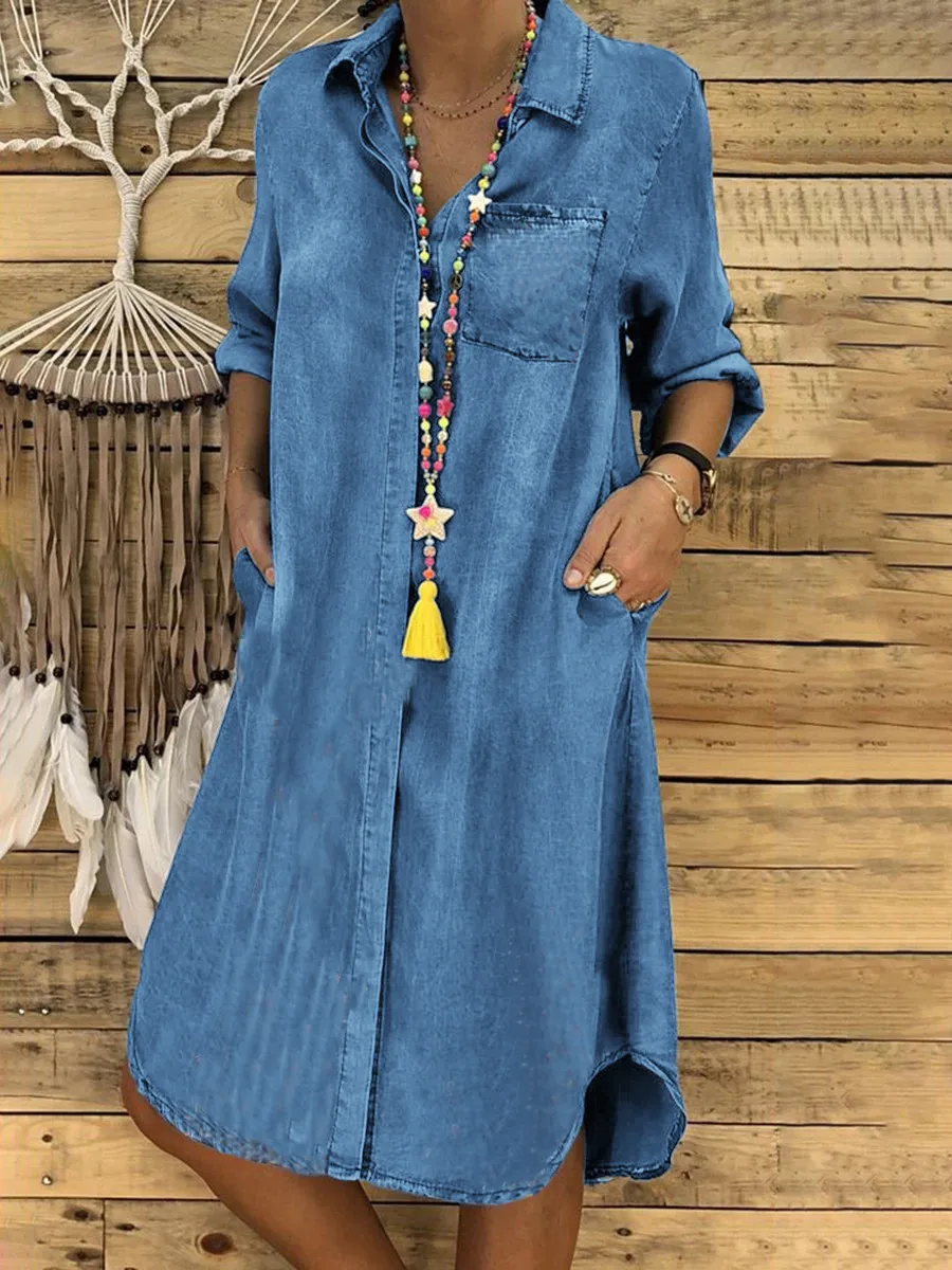

Turn-down Collar Long Sleeve LOOSE All-Season Midi Polyester Casual Women